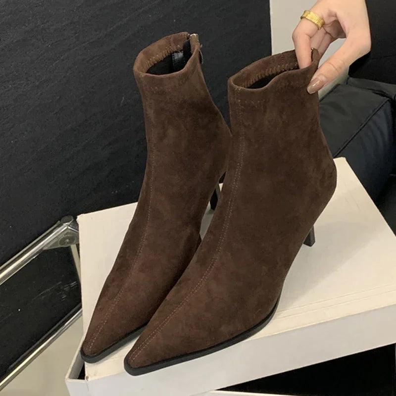 Handmade Leopard Print Pointed Toe Women’s Ankle Boots with Zipper and Thin High Heels - VougeVampUK