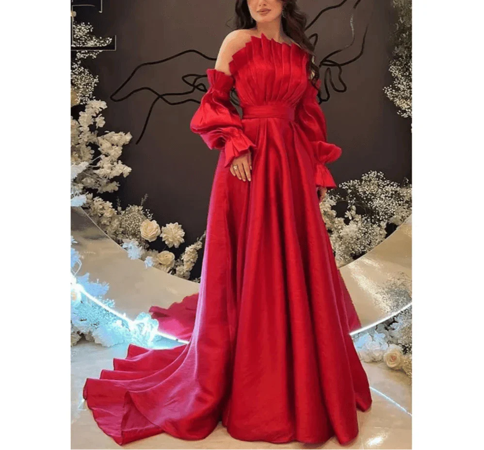VougeVamp Elegant Mermaid A-Line Satin Party Dress - Off-Shoulder Puffy Sleeve Floor-Length Evening Gown - VougeVampUK