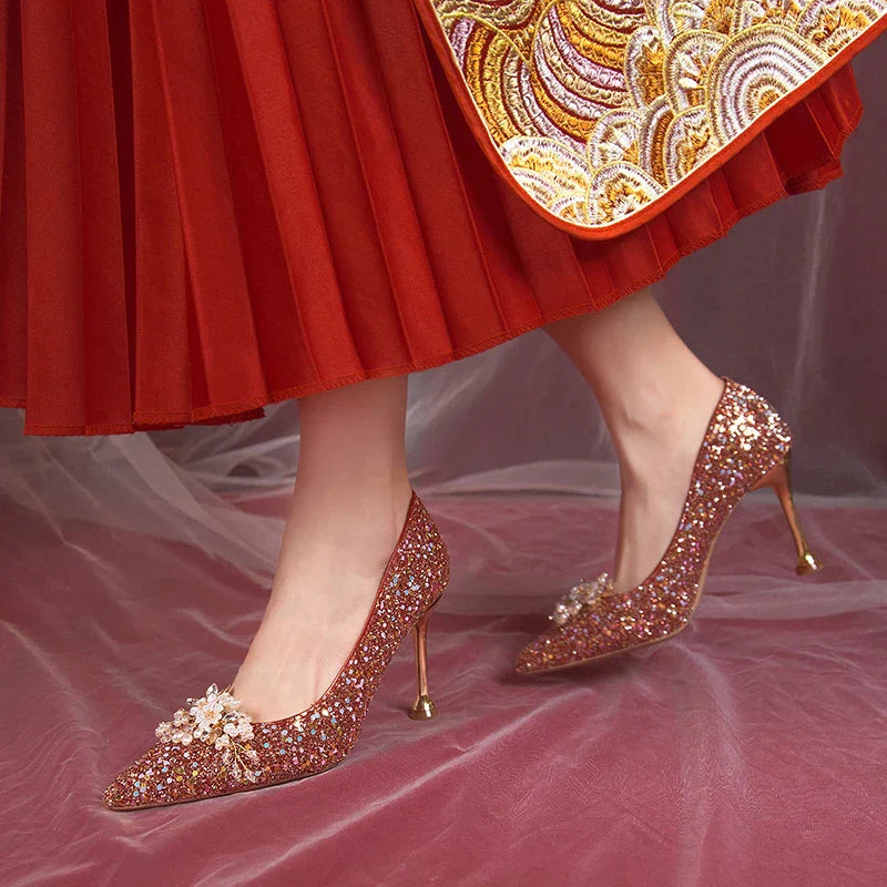 VougeVamp Pearl Flower Bridal Pumps – Elegant Bling High Heels for Weddings & Parties