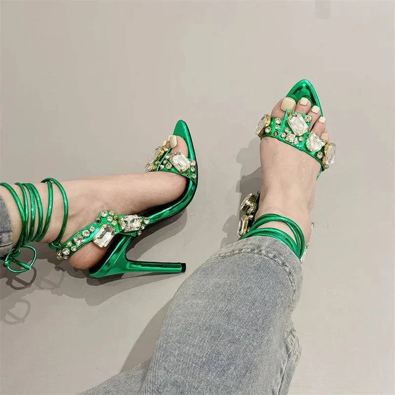 VougeVamp Green Crystal Cross-Strap Sandals - Pointed Toe High Heel Wedding Shoes for Women
