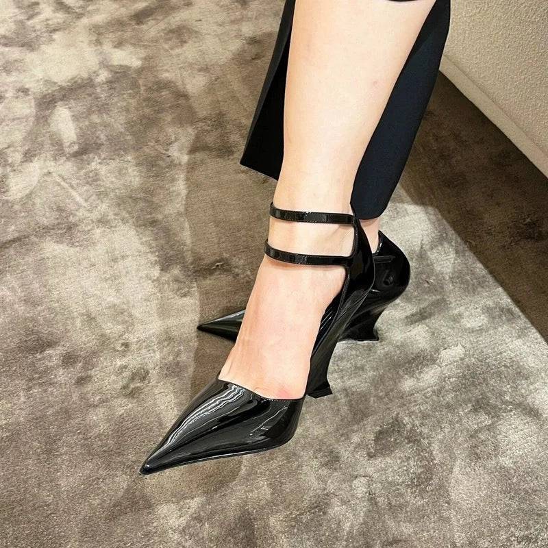 VougeVamp Red Patent Leather Wedge Pumps - Pointed Toe Double Buckle Party Shoes for Women