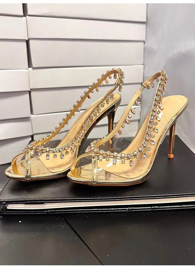 VougeVamp Luxury Crystal Tassel Slingback Pumps – Transparent PVC Peep-Toe High Heels for Weddings & Parties - VougeVampUK