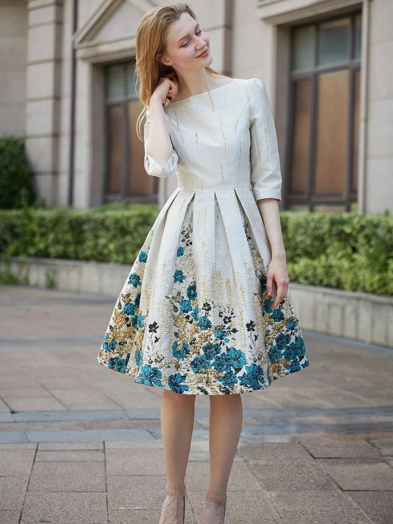 VougeVamp Luxury Women Jacquard Mid-Calf Dress - Floral A-Line Evening Gown with Three-Quarter Sleeves - VougeVampUK