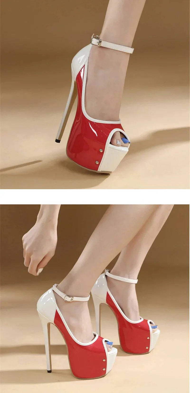 VougeVamp Women’s Red Peep-Toe Platform Pumps – Ultra High 16CM Heels for Parties, Weddings, and Pole Dancing