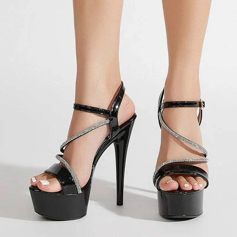 VougeVamp Women’s Glitter Rhinestone Platform Sandals – Sexy Open-Toe 15CM Ultra High Heels for Weddings and Banquets