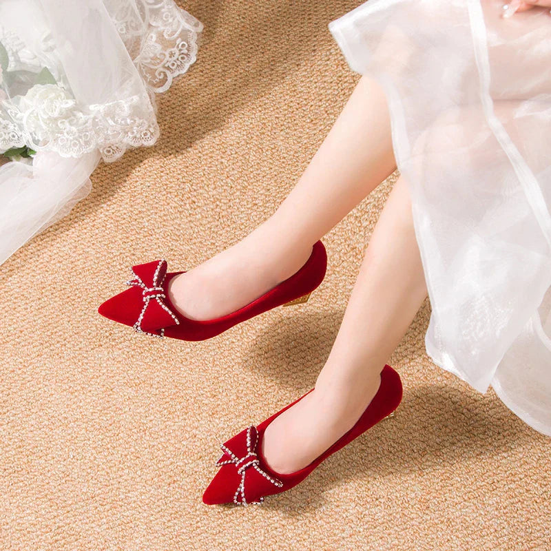 VougeVamp Red Bowtie Crystal High Heel Pumps – Elegant Slip-On Bridal & Party Shoes