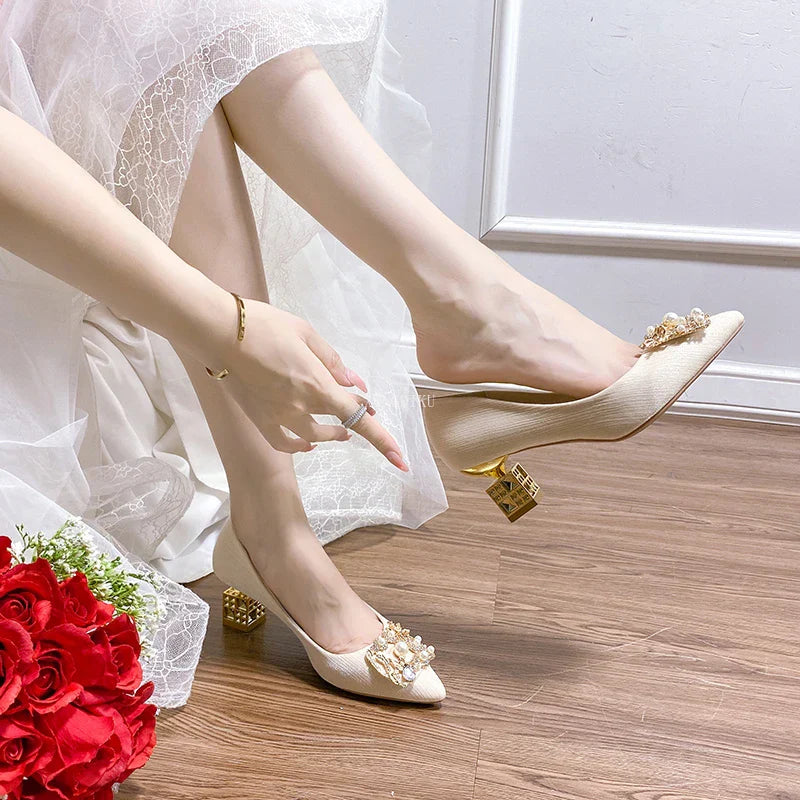 Women's High Heels Pointed Toe with Shaped Heel and Square Buckle, 5cm-7cm Wedding and Banquet Shoes