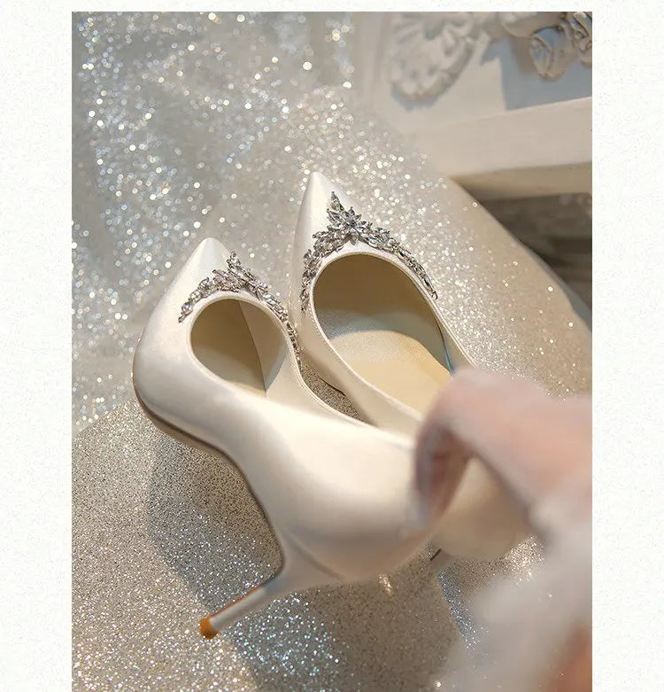 VougeVamp White Silk Satin Bridal Heels – Rhinestone Crystal Stiletto Pumps for Weddings