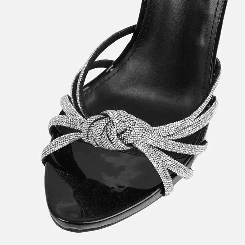 VougeVamp Silver Crystal Narrow Band Sandals - Open Toe High Heel Party Shoes for Women