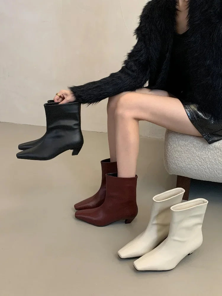 Handmade Pointed Toe Ankle Boots for Women – Slip-On Low Heel Street Style Party & Banquet Short Boots - VougeVampUK