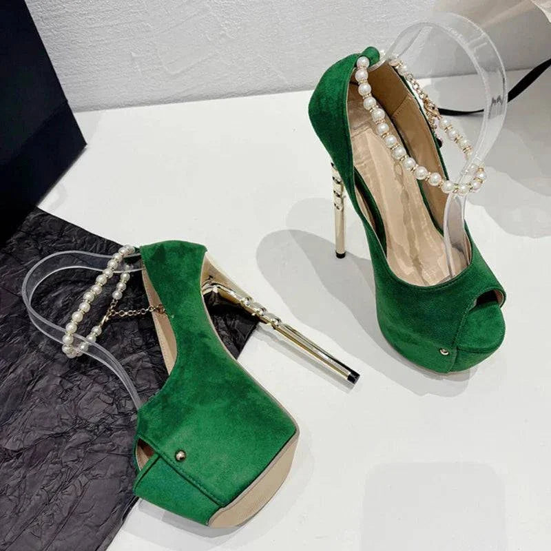 VougeVamp Green String Bead Platform Pumps - Peep Toe High Heel Wedding Shoes for Women