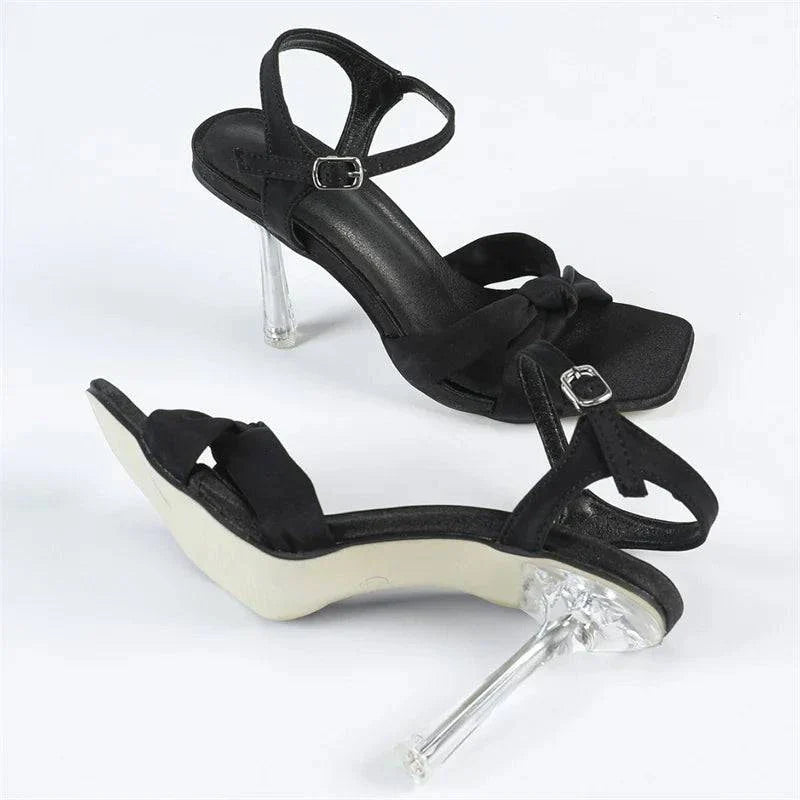 VougeVamp Pleated Silk Transparent Sandals - Square Toe High Heel Ankle Strap Shoes for Women