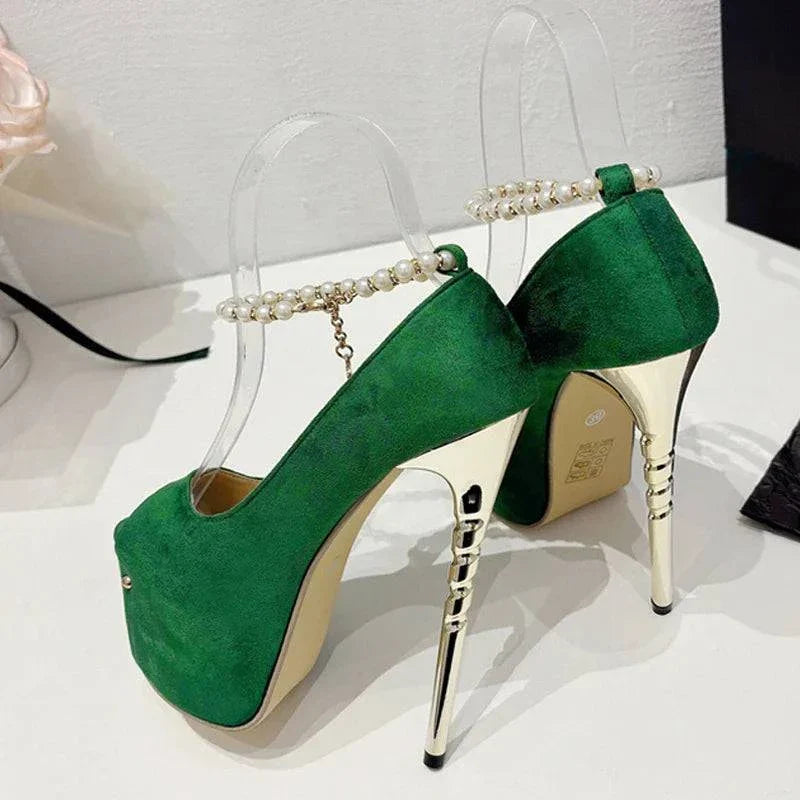 VougeVamp Green String Bead Platform Pumps - Peep Toe High Heel Wedding Shoes for Women