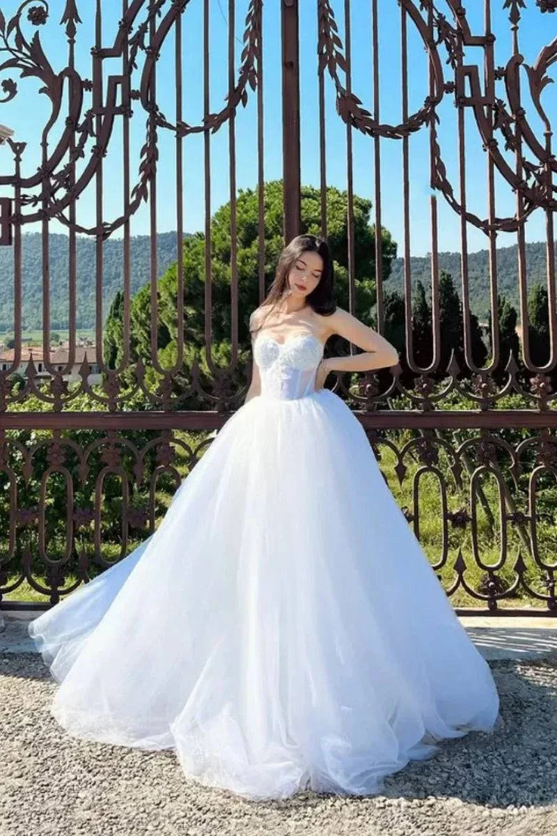 VougeVamp Transparent Tulle Waist Bridal Dress - White Princess A-Line Evening Gown for Formal Occasions - VougeVampUK
