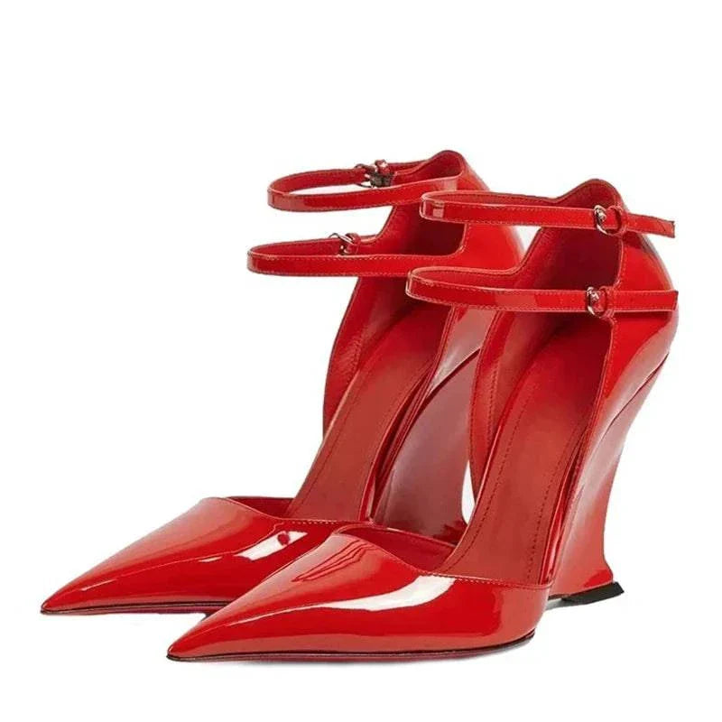 VougeVamp Red Patent Leather Wedge Pumps - Pointed Toe Double Buckle Party Shoes for Women