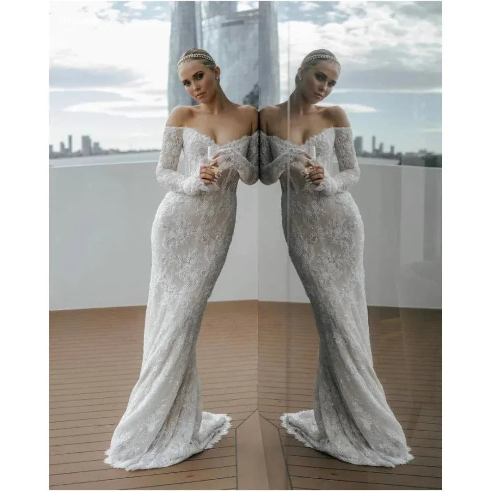 VougeVamp Customized White Mermaid Off-the-Shoulder Prom Dress - Lace Long Sleeve Backless Evening Gown - VougeVampUK