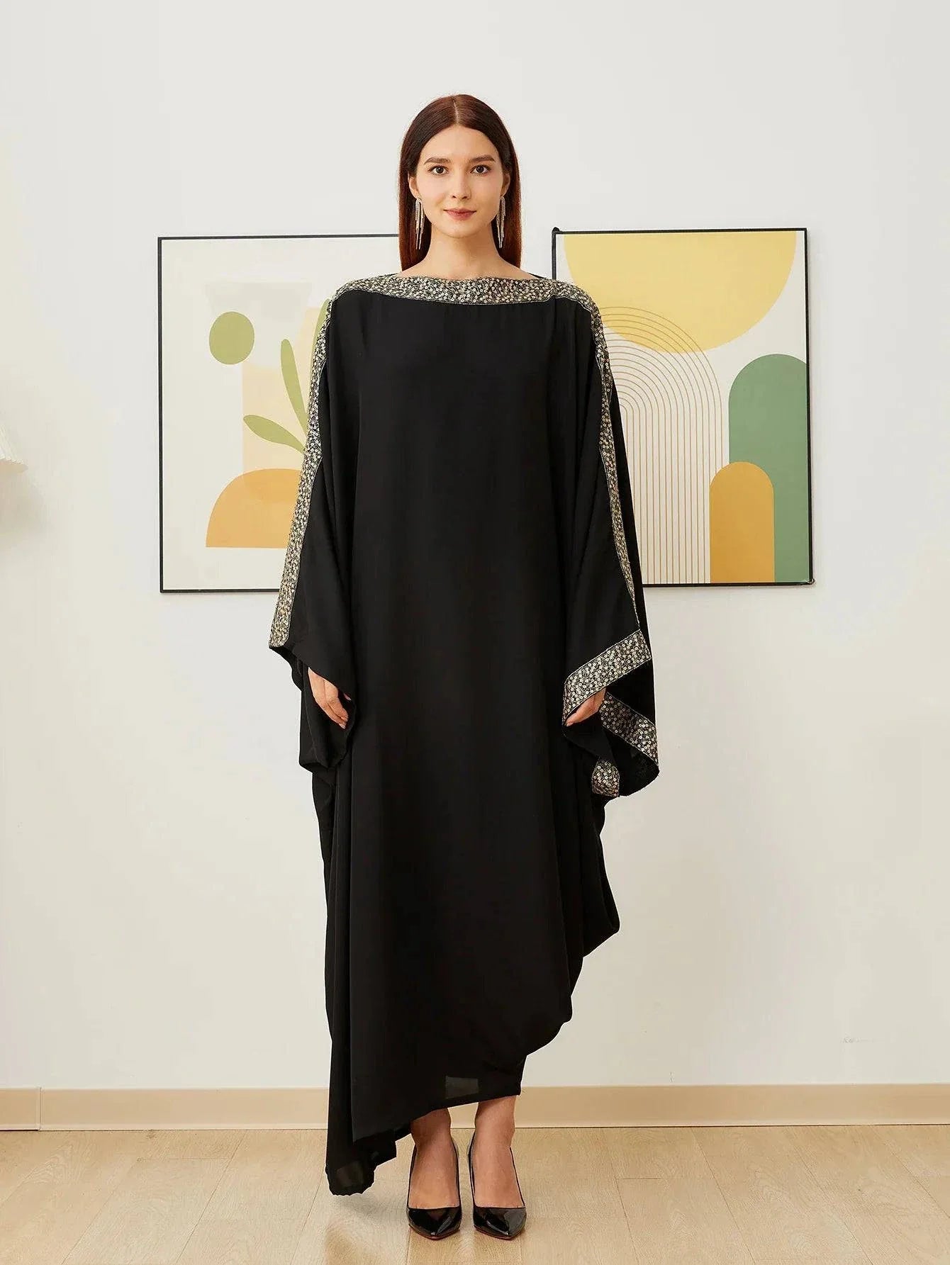 VougeVamp Ultra Black Nida Abaya Muslim Party Dress - Women’s Long Loose Kaftan Dubai Islamic Robe - VougeVampUK