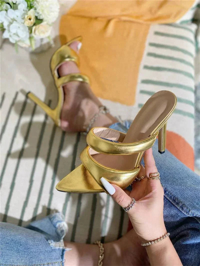 VougeVamp Gold Pointed Toe High Heel Slippers - PU Leather Summer Party Sandals for Women