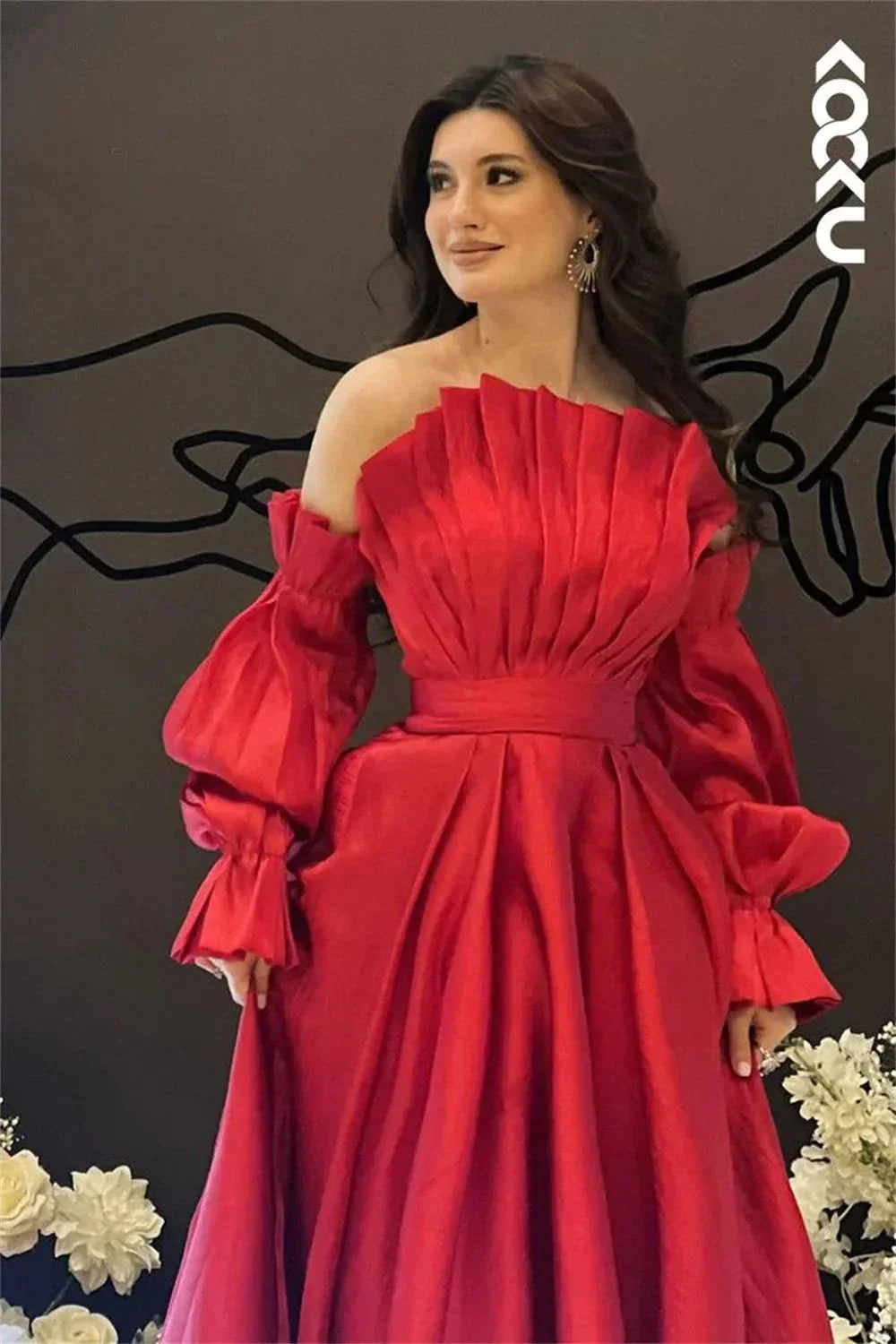 VougeVamp Elegant Mermaid A-Line Satin Party Dress - Off-Shoulder Puffy Sleeve Floor-Length Evening Gown - VougeVampUK