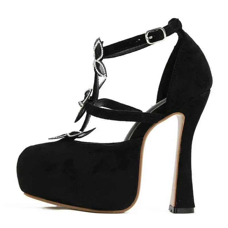 VougeVamp Crystal Rhinestone Butterfly Platform Pumps - Round Toe High Heel Dress Shoes for Women