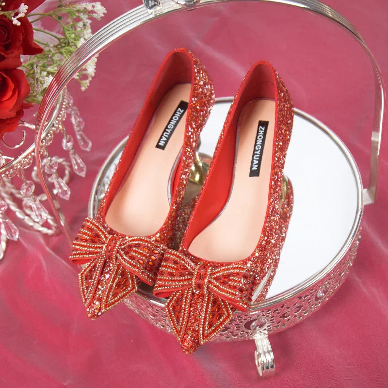 VougeVamp Handmade Crystal Bow Bridal Pumps – Glitter High Heels for Weddings & Parties