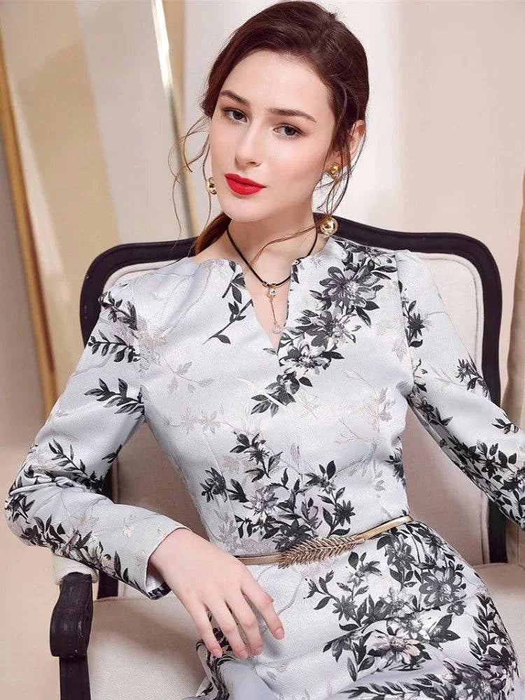 VougeVamp Women Long Sleeve Maxi Dress S-3XL - Elegant Floral Vintage A-Line Party Gown - VougeVampUK