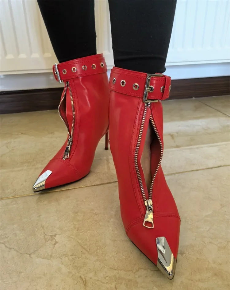 Handmade Women's Red High-Heeled Ankle Boots with Belt Buckle, Front Zipper, Pointed Toe, and Metallic Accent - VougeVampUK