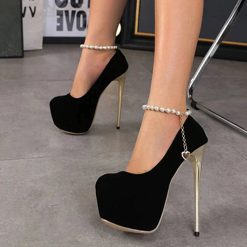 VougeVamp Black String Bead Platform Pumps - 16CM High Heel Ankle Strap Party Shoes for Women