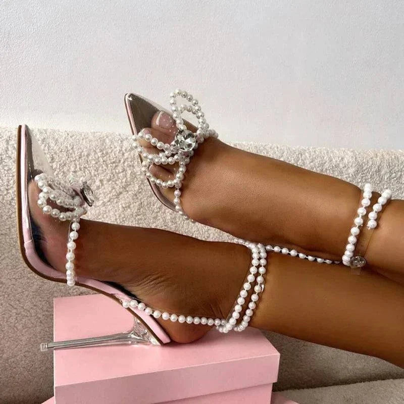 VougeVamp White String Bead Transparent Sandals - Pointed Toe High Heel Party Shoes for Women