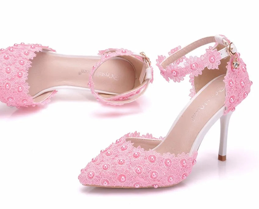 VougeVamp Women's Rhinestone Lace Wedding Heels – Elegant White Bridal Ankle Strap Pumps