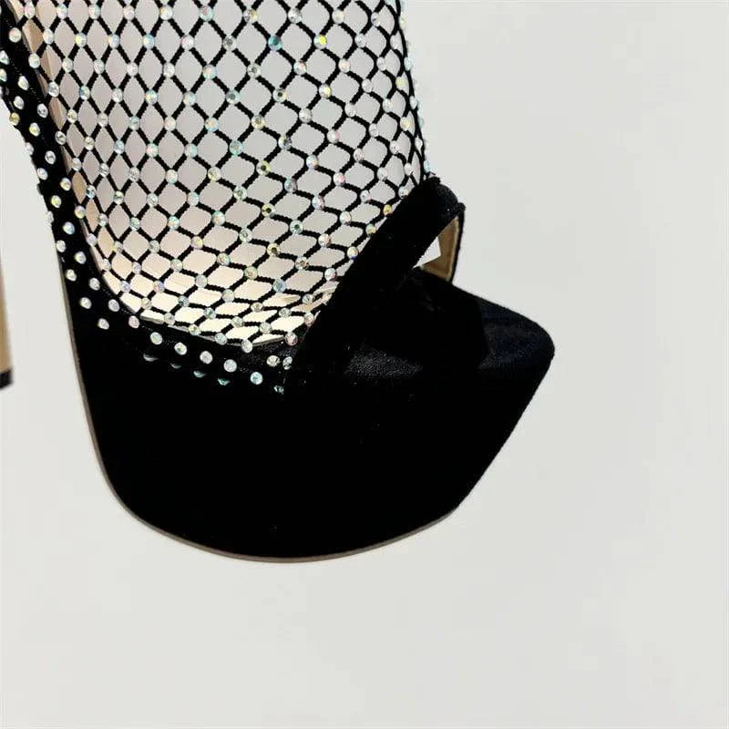 VougeVamp Crystal Mesh Platform Slippers - Peep Toe High Heel Party Shoes for Women in Black