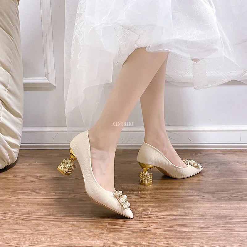 Women's High Heels Pointed Toe with Shaped Heel and Square Buckle, 5cm-7cm Wedding and Banquet Shoes
