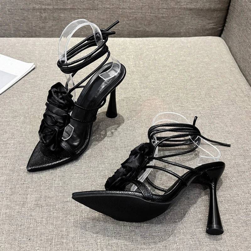 VougeVamp White Lace-Up High Heel Sandals - Pointed Toe Silk Rose Party Shoes for Women