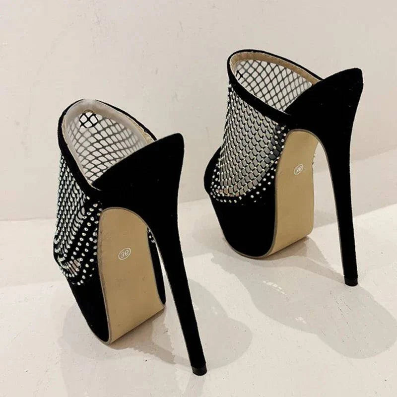 VougeVamp Crystal Mesh Platform Slippers - Peep Toe High Heel Party Shoes for Women in Black