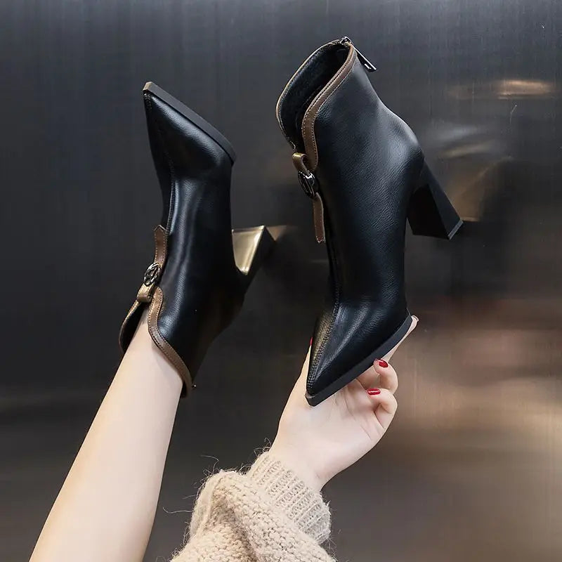 VougeVamp Leather High-Heeled Ankle Boots – Pointed Toe Winter Booties with Back Zip - VougeVampUK