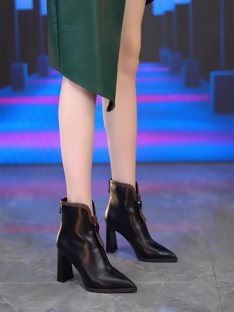 VougeVamp Leather High-Heeled Ankle Boots – Pointed Toe Winter Booties with Back Zip - VougeVampUK