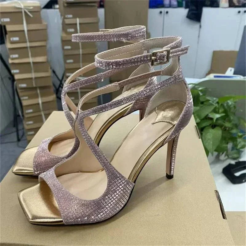 VougeVamp Pink Ankle Cover Strap Gladiator Sandals - Square Open Toe 7CM High Heel Wedding Shoes for Women