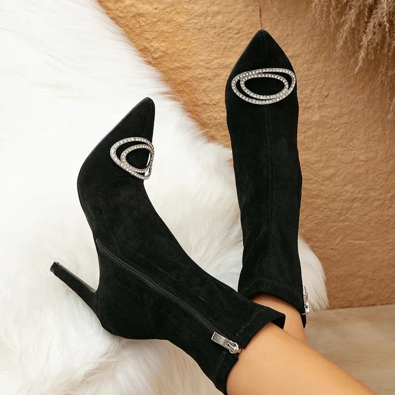 Handmade Crystal-Embellished Ankle Boots for Women – Thin High Heels with Pointed Toe and Side Zipper