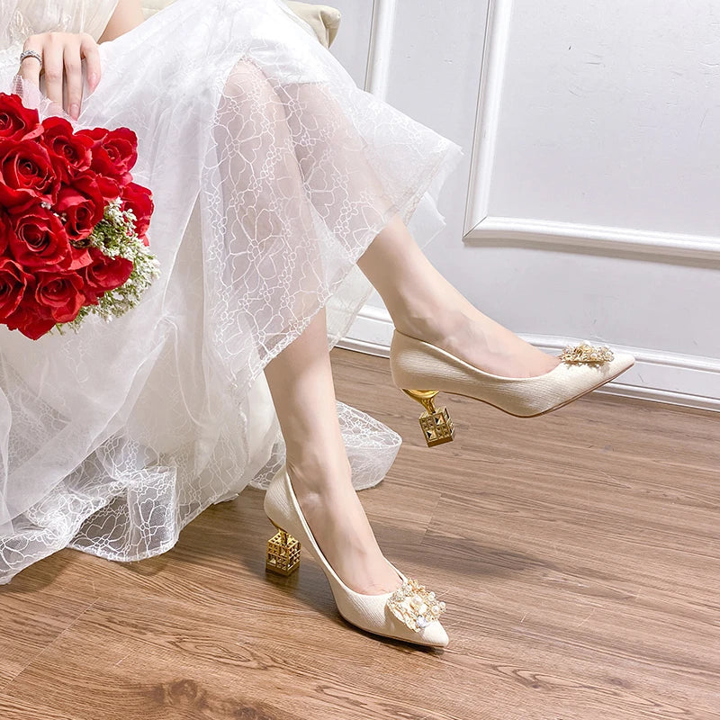 Women's High Heels Pointed Toe with Shaped Heel and Square Buckle, 5cm-7cm Wedding and Banquet Shoes