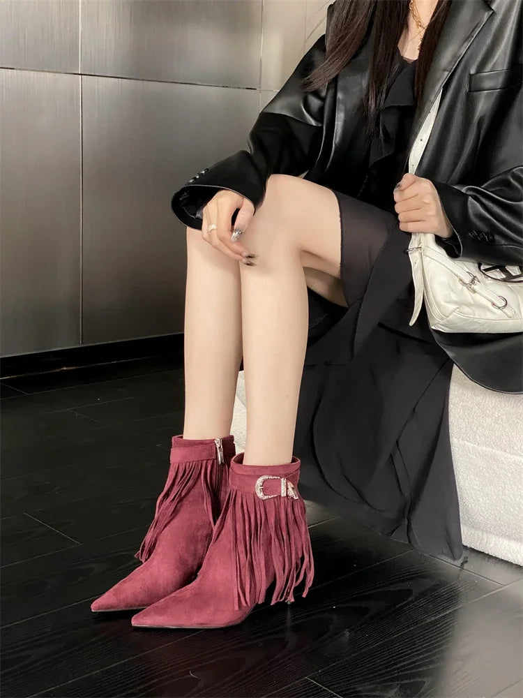 Tassel Belt Buckle Women’s Ankle Boots with Pointed Toe and Thin Heels, Fashionable Zipper Design - VougeVampUK