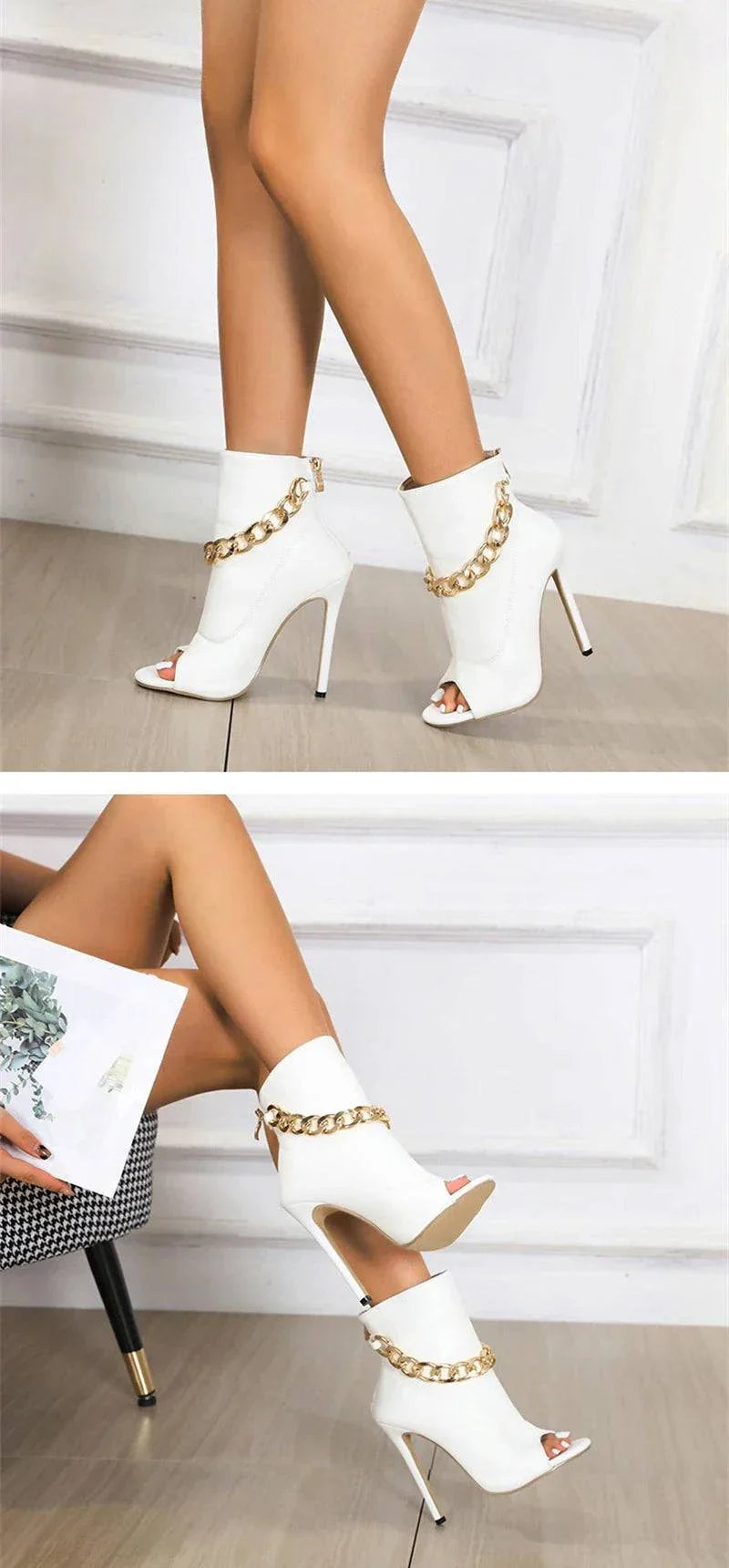 VougeVamp White Leather Ankle Sandal Boots - Peep Toe High Heel Pumps with Metal Chain