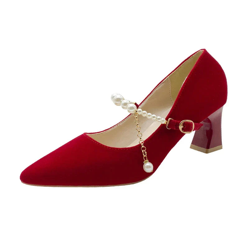 Women's Suede Pointed Toe High Heels – Elegant Embroidered Bridal & Banquet Pumps with Metal Detail