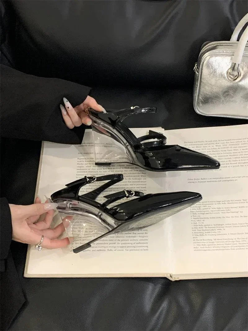 VougeVamp Women’s Transparent Wedge Slippers – Patent Leather Pointed Toe Mules with Buckle Strap for Parties and Summer Events