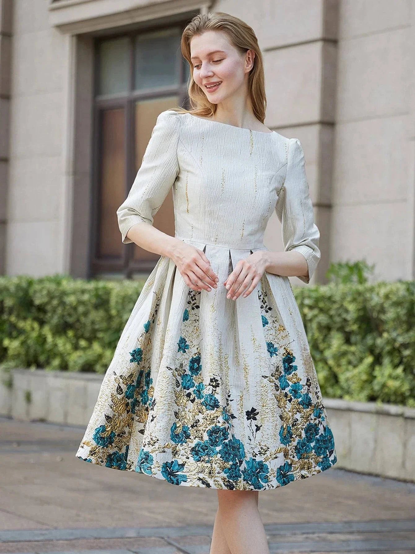 VougeVamp Luxury Women Jacquard Mid-Calf Dress - Floral A-Line Evening Gown with Three-Quarter Sleeves - VougeVampUK