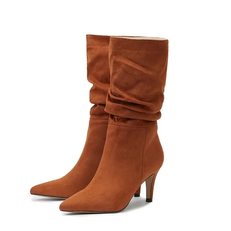 Handmade Pleated Pointed Toe Ankle Boots for Women - Thin Low Heels, Vintage Western Mid-Calf Boots - VougeVampUK