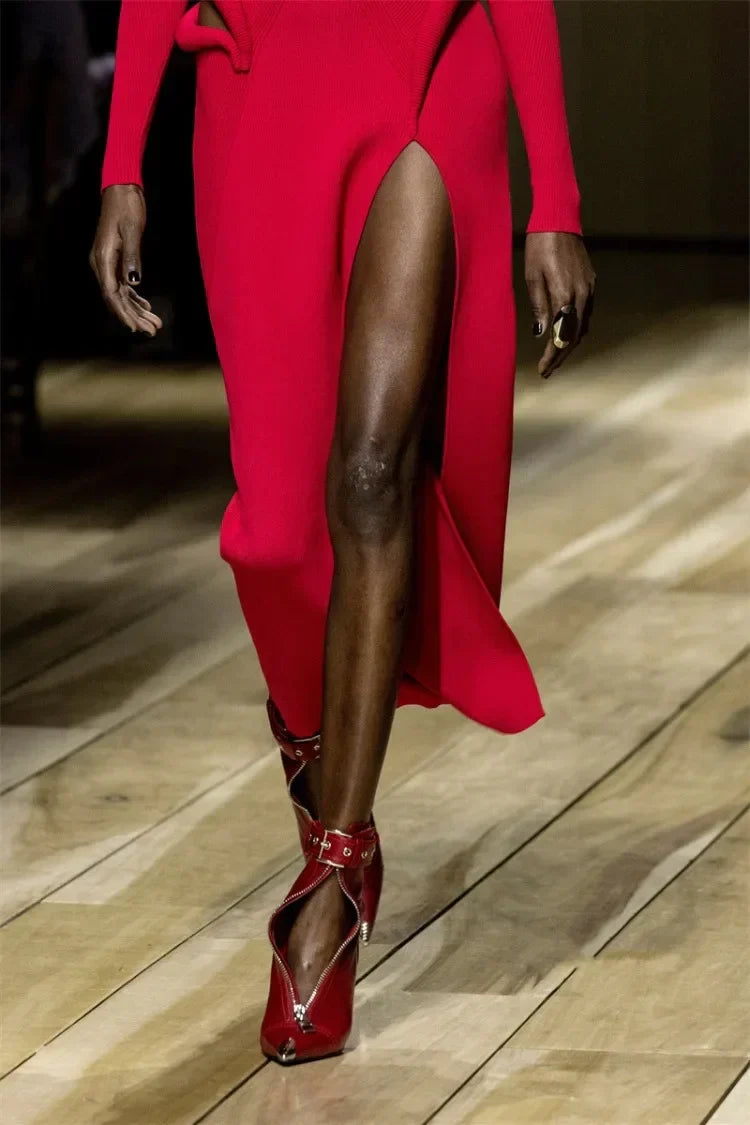 Handmade Women's Red High-Heeled Ankle Boots with Belt Buckle, Front Zipper, Pointed Toe, and Metallic Accent - VougeVampUK