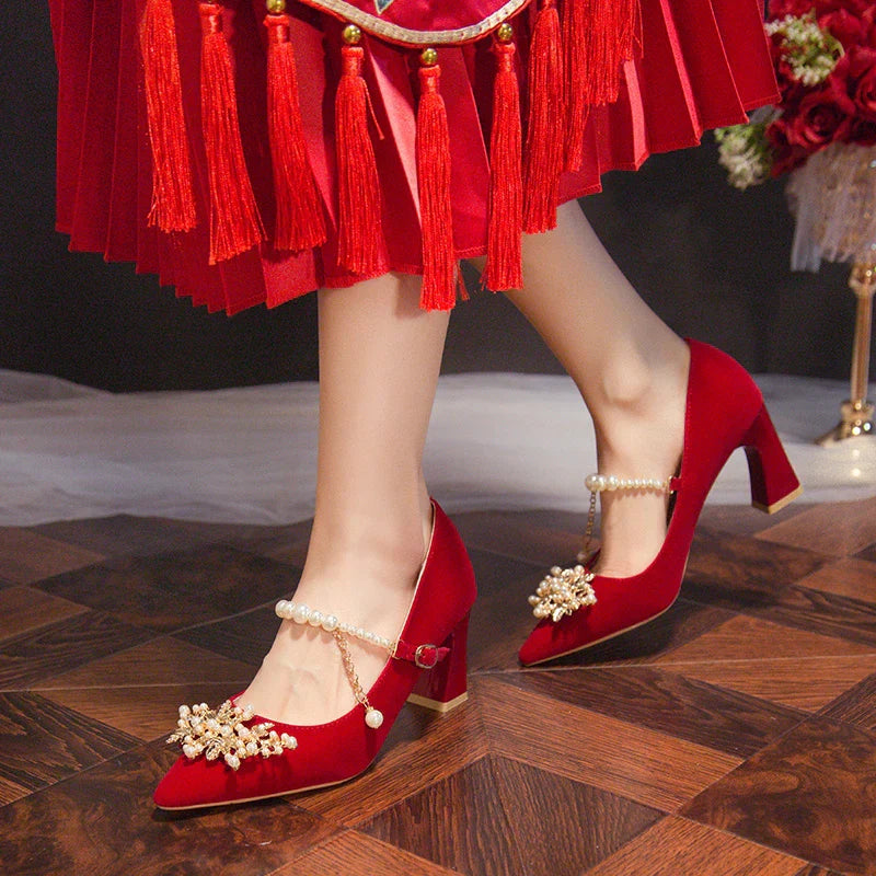 Women's Suede Pointed Toe High Heels – Elegant Embroidered Bridal & Banquet Pumps with Metal Detail