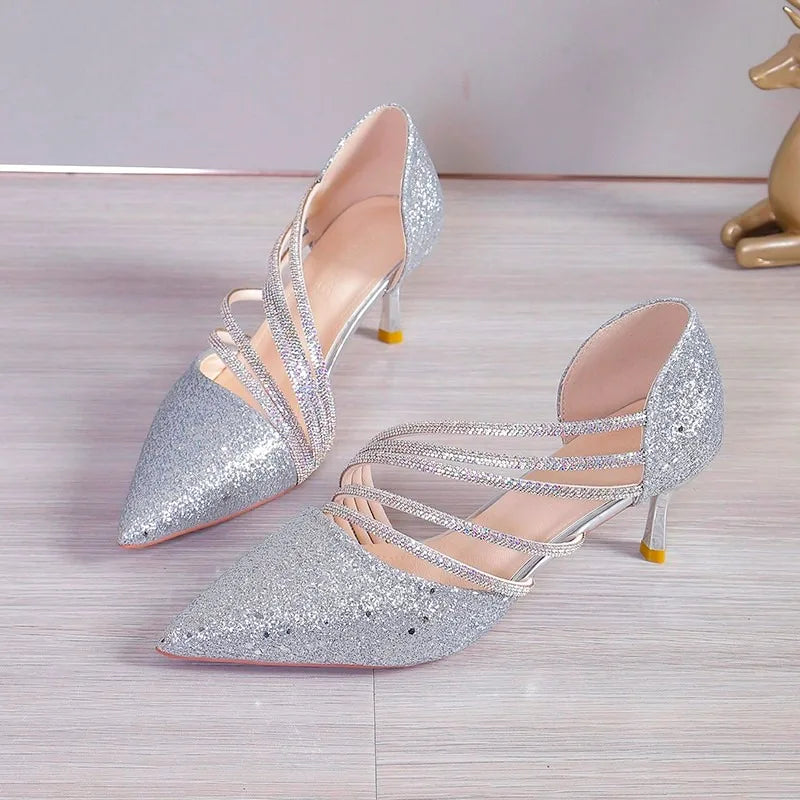 VougeVamp Champagne Crystal High Heels – Elegant Pointed Toe Bridal & Wedding Dress Shoes