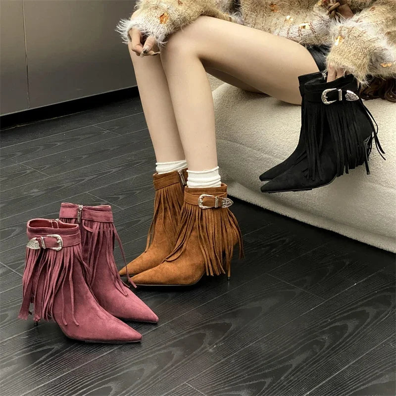 Tassel Belt Buckle Women’s Ankle Boots with Pointed Toe and Thin Heels, Fashionable Zipper Design - VougeVampUK