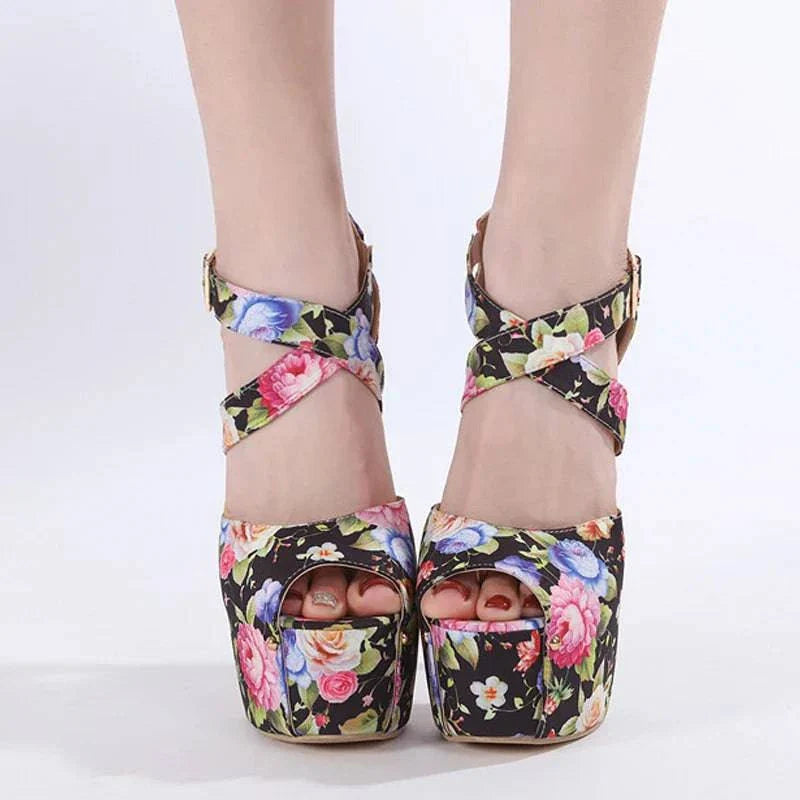 VougeVamp Floral Cloth Platform Pumps - Peep Toe 16CM High Heel Party Shoes for Women